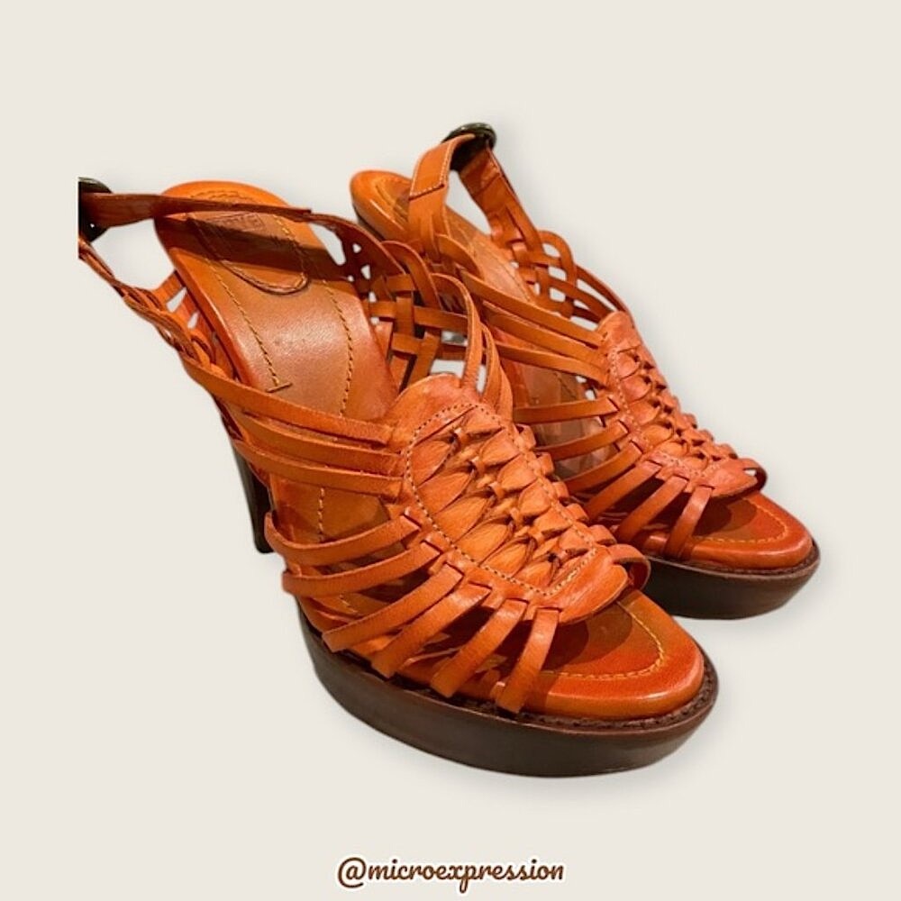 $329 Frye Joy Huarache Cognac Leather Sling Strappy Leather Sandal/Platform Heel - Picture 5 of 12